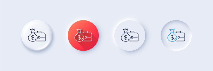 Business case line icon. Neumorphic, Red gradient, 3d pin buttons. Portfolio and Salary symbol. Diplomat with Money bag sign. Line icons. Neumorphic buttons with outline signs. Vector