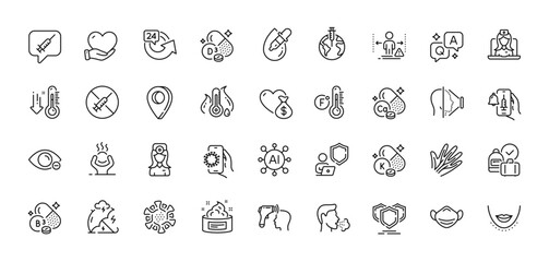 Oculist doctor, Skin cream and Eye drops line icons pack. AI, Question and Answer, Map pin icons. Shield, Face id, Low thermometer web icon. Vector