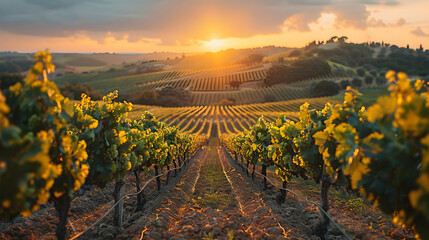 Fototapeta premium A picturesque nature vineyard with rows of grapevines stretching towards the horizon, the sunlight creating a warm glow across the landscape