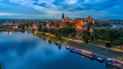 aerial view of krakow center and wawel royal castle at sunset in summer in poland