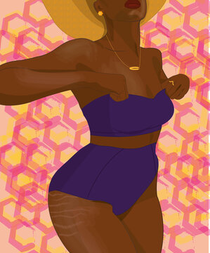 silhouette femme noire remonte maillot de bain vergetures fond rose motif &eacute;t&eacute;