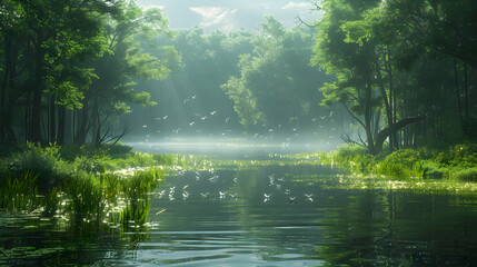 Obraz premium A serene nature bog scene with birds feeding at the water's edge, the lush vegetation creating a peaceful atmosphere