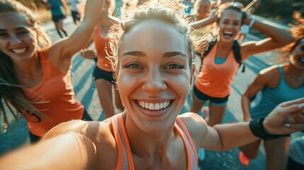 two cheerful female runners taking selfie, looking at the camera