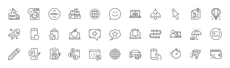 Air balloon, Loyalty star and Renew card line icons. Pack of Pencil, Hold smartphone, Savings tax icon. Rfp, Cursor, Home insurance pictogram. Keys, Tax documents, Water resistant. Line icons. Vector