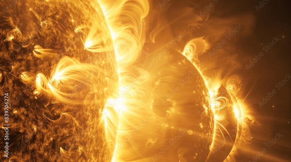 Poster vibrant solar flares on the sun\'92s surface with multiple magnetic storms. demonstrating the sun's 