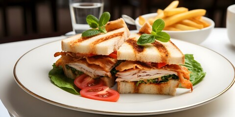A club sandwich on a white plate against a white background captured in closeup. Concept Food photography, Close-up, Sandwich, Table setting, Monochromatic background