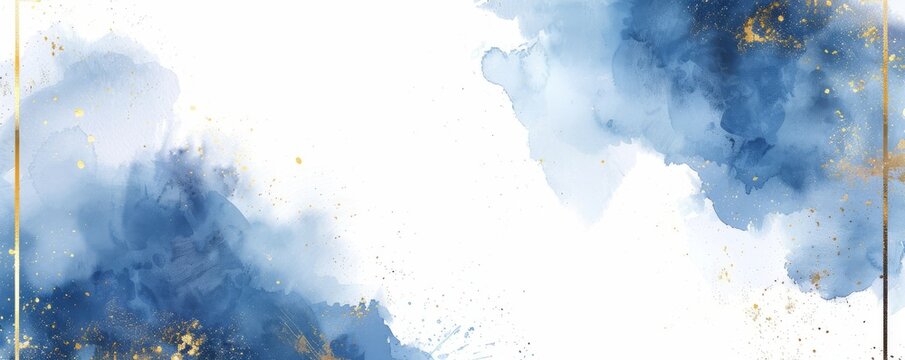 Abstract blue watercolor background with gold border for design use
