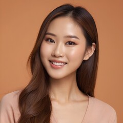 Fototapeta premium Pretty Asian beauty woman long hair with japanese makeup glowing face and healthy facial skin portrait smile on isolated light orange background