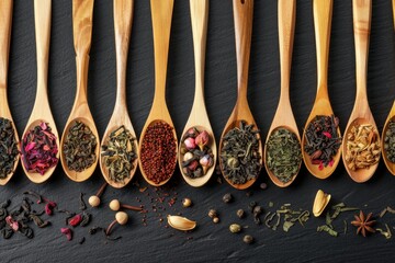 Assorted tea in wooden spoons on dark surface