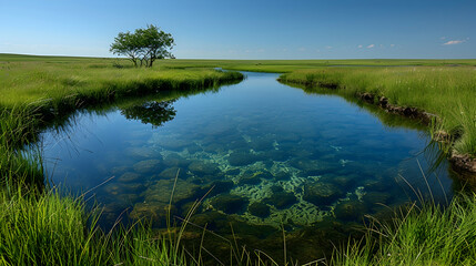 A serene nature fen with clear water reflecting the sky and surrounding grasses, the sky clear and blue above