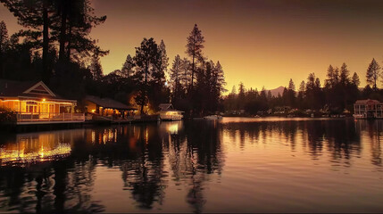 Obraz premium A house by a lake surrounded by trees