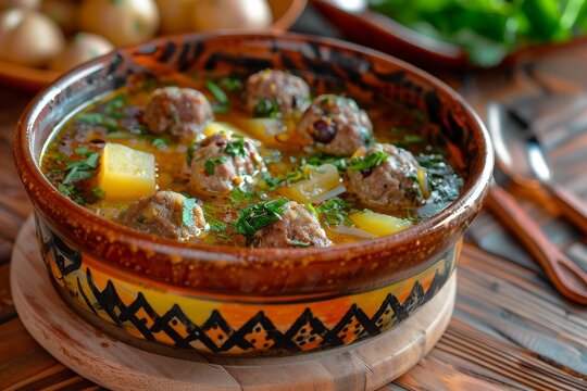 Azerbaijani Kufta bozbash soup with lamb meatballs peas dried plum and mint