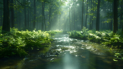 Obraz premium A serene nature forest glade scene with a stream gently flowing through, surrounded by lush vegetation