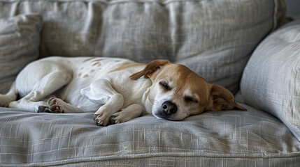 Obraz premium A tired dog rests on a gray fabric sofa, enjoying a moment of peace and relaxation.