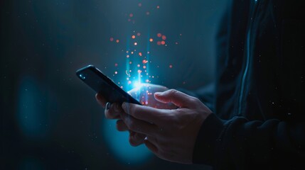 close up adult man hand hold smartphone to use affiliated marketing on web with virtual icon to announce campaign and promotion to social media network for referral partner program concept