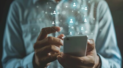 close up adult man hand hold smartphone to use affiliated marketing on web with virtual icon to announce campaign and promotion to social media network for referral partner program concept