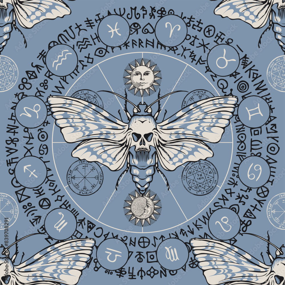 Poster vector seamless pattern with death's head butterfly on the background of the zodiac circle with sun 