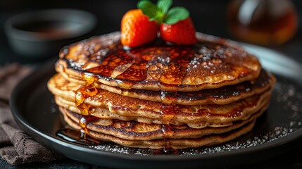   A plate with syrup-covered pancakes and a strawberry on top