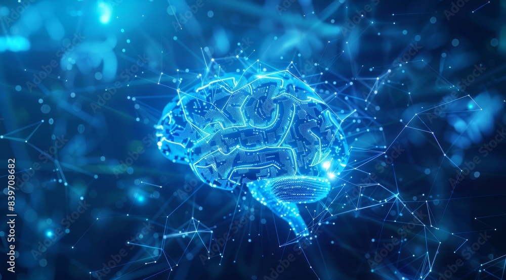 Poster a brain is shown in a blue background with a lot of lines and dots