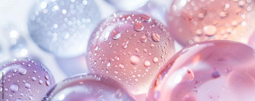 Poster close-up of transparent and pink spheres with bubbles creating an abstract and dreamy effect