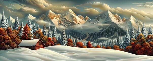 Illustrate a snug cabin nestled amidst snowy peaks, using watercolor to evoke a sense of peace and serenity in the wintery landscape