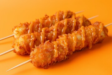 Chunky Korean potato corn dogs with fried potatoes on orange background with space for text