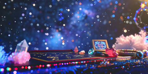 Obraz premium Cosmic Inspiration: A starry night sky background, with a desk adorned with astrological signs and crystals, evoking a spiritual and mystical work environment.