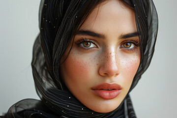 Arabic woman on white background. Beautiful middle eastern woman wearing abaya posing in studio for hijab fashion portraits