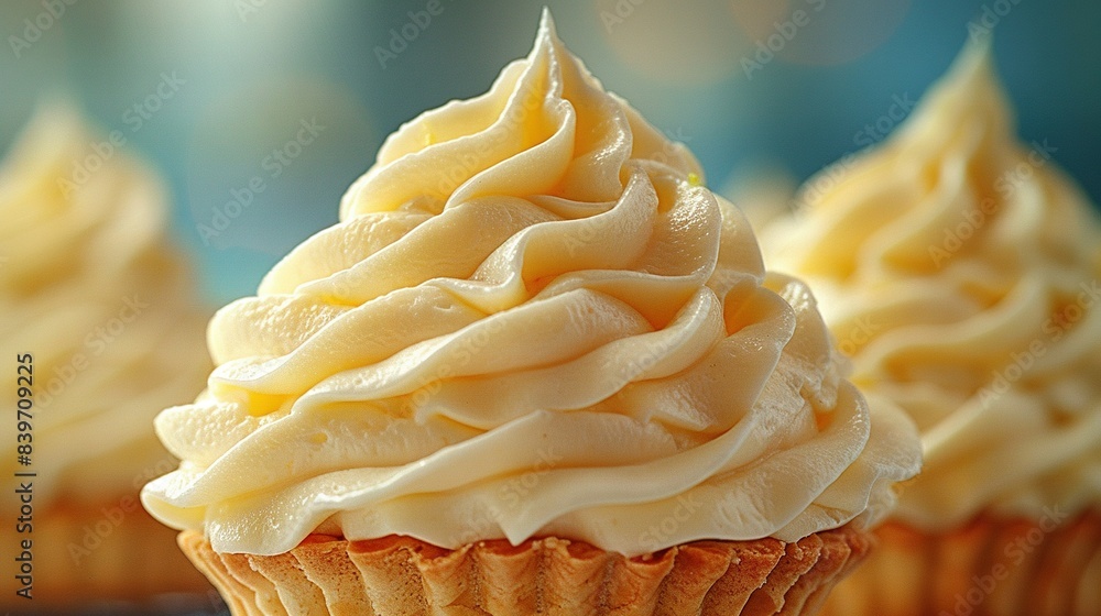 Poster close-up image of three cupcakes adorned with frosting on a table