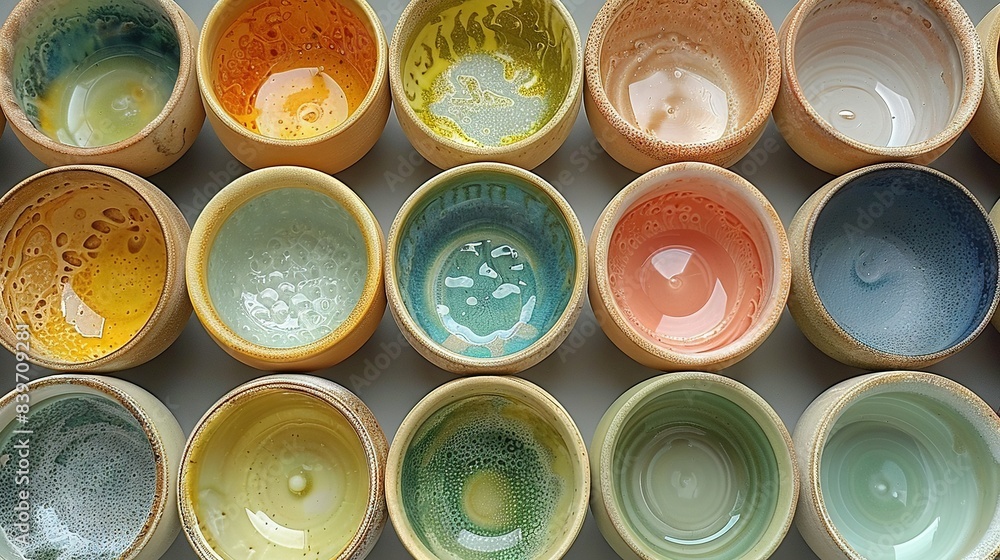 Aufkleber a collection of bowls arranged on a white-topped table with a vibrant array of colors surrounding th