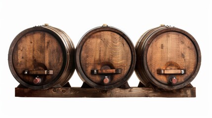 Old oak barrels in the isolated white background. Fermentation of alcoholic beverages. Wine warehouse. Vintage background 
