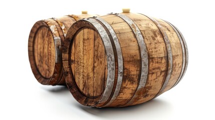 Old oak barrels in the isolated white background. Fermentation of alcoholic beverages. Wine warehouse. Vintage background 