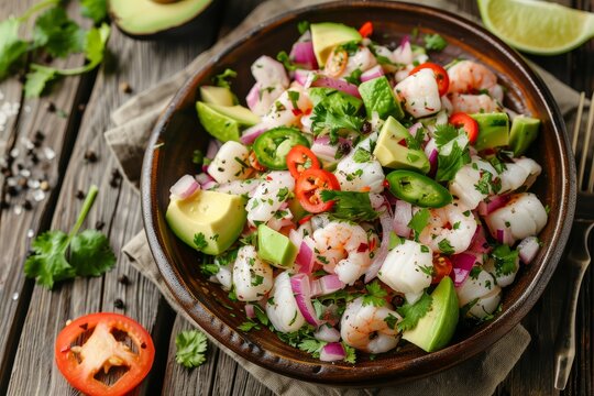 Classic Mexican fish ceviche with avocado on a wood backdrop