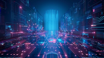 Obraz premium Poster brochure cover banner presentation layout template, technology digital futuristic internet network connection blue background, abstract cyber future tech communication, Ai big data science 3d 