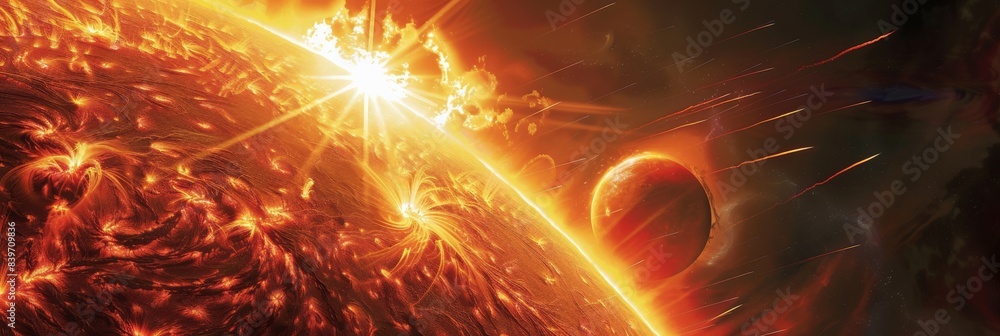 Poster dramatic solar flare with asteroids in space, capturing the intense energy and magnetic activity of 
