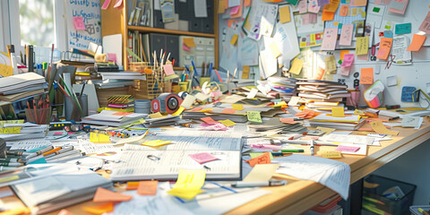Organized Chaos: A messy desk covered in papers, notes, and various knickknacks, reflecting an artist's creative process. 