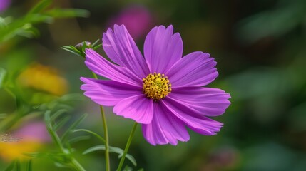 Obraz premium A close-up image of a single purple cosmos flower with a yellow center, set against a soft-focus green background