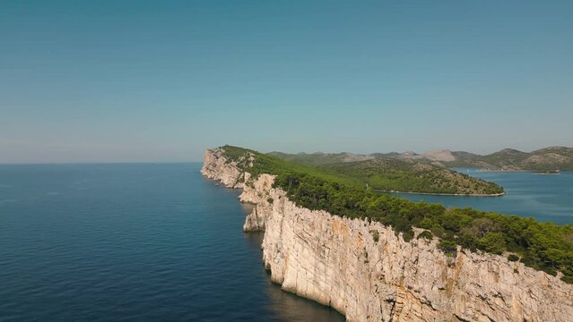 Panoramic drone view of Telascica Nature Park with Dugi Otok island and Mir lake. Kornati archipelago, Adriatic sea, Croatia