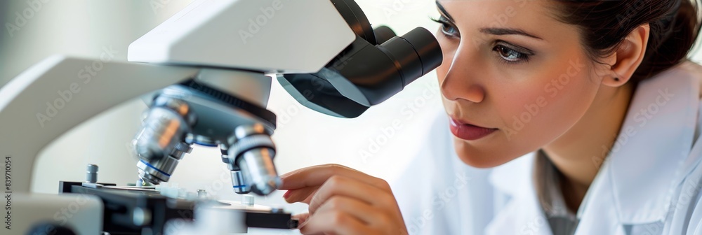 Poster scientific research precision woman in lab coat using microscope in advanced laboratory setting