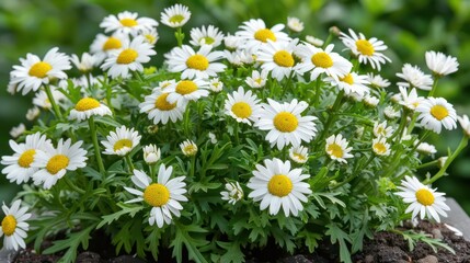 A vibrant cluster of white and yellow daisy flowers amidst lush green foliage in a well-maintained garden