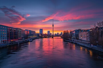 Fototapeta premium Berlin skyline panorama with TV tower and Spree river at sunset, Berlin, Germany 