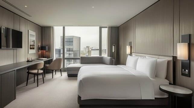 A contemporary and well-furnished hotel room with large windows offering a panoramic view of the city skyline