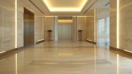 Fototapeta premium The image shows a modern and luxurious lobby interior with marble walls and floors, complemented by ambient lighting and minimalist decor