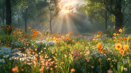 Obraz premium A serene nature meadow with tall grasses and wildflowers swaying in the breeze, the sunlight creating a warm and inviting atmosphere