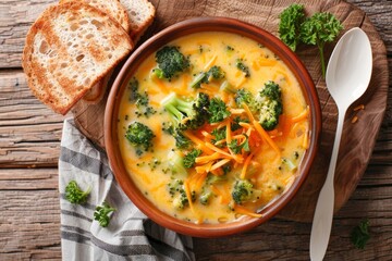 Close up top view of cheesy broccoli soup with veggies in a bowl with toast on table
