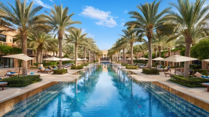 A serene luxury resort swimming pool lined with palm trees leading up to an elegant building under a clear sky