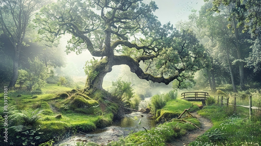 Poster a tree painting in a forest, with a stream separating it from a bench