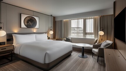 A well-appointed hotel room with a large bed, side tables, lamps, a sofa, and a city view through the window