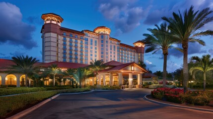 The image showcases the grand entrance of a luxury hotel with illuminated windows at twilight, highlighting its elegant architecture and lush landscaping