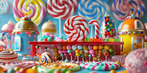 Candy Land Creative Haven: A desk covered in a colorful array of candy and sweet treats, surrounded by lollipops and gumball machines.